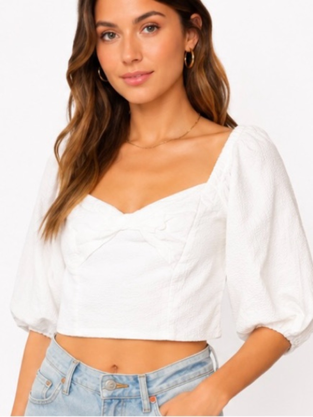 🤍 STATE White Textured Puff Sleeve Crop Top | XS | Cottagecore Sweetheart Neck